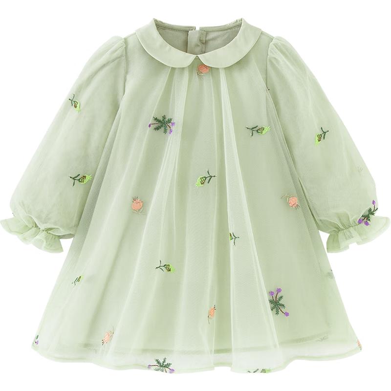 Minibala Girls 2026 Spring Chinese Style Embroidered Mesh Dress 90