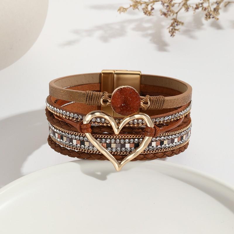 Boho Layered Leather Wrap Bracelet With Natural Stone Heart Charm Women