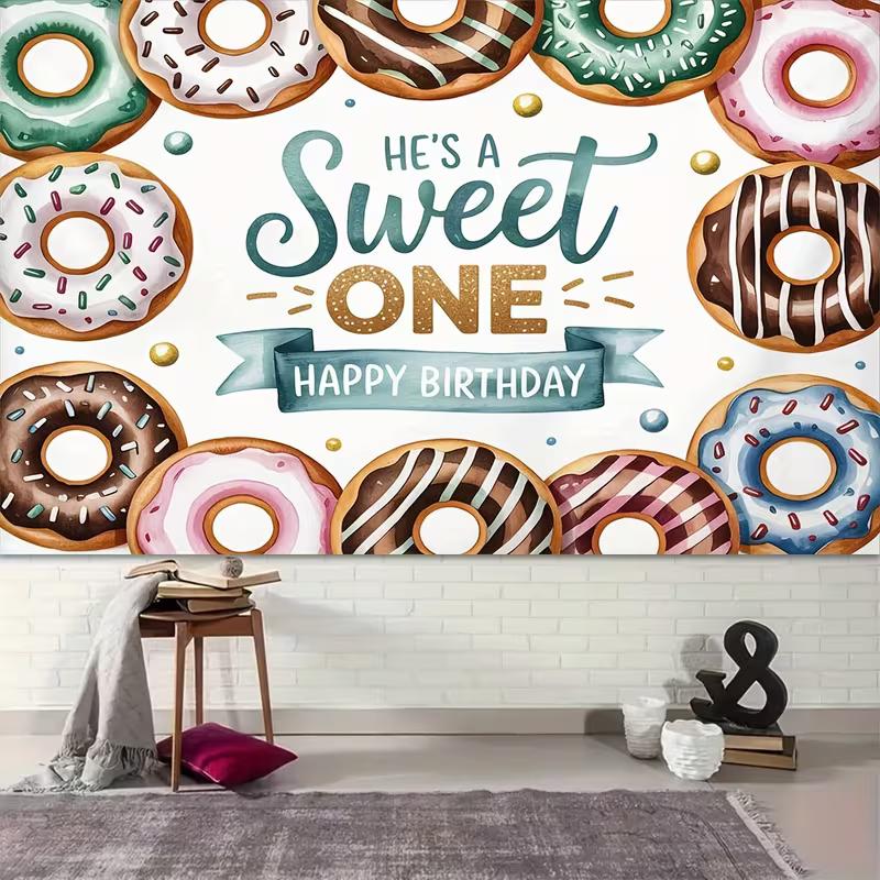 2D Sweet One Donut Themed Backdrop, 1st Birthday Party Photography Background Banner