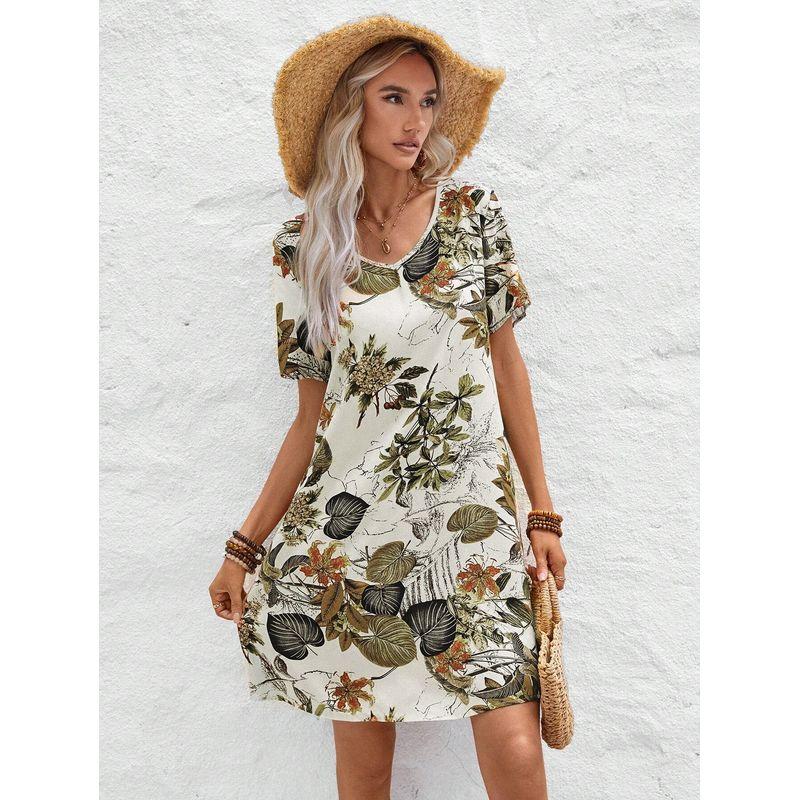 Small Fashion Summer V Neck Fashion Print Elegant Short Sleeve Dress Short Skirt Trendy Women's Dresses