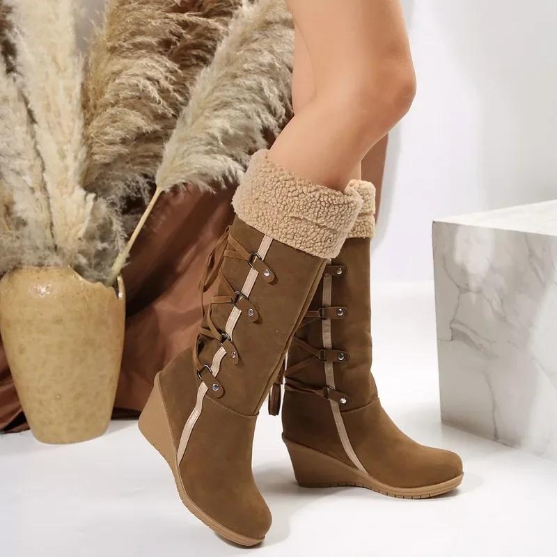 Bottes Mi-Mollet Européennes Américaines pour Femmes 2024 Hiver Nouveau Design à Lacets pour la Chaleur Bottes à Talon Compensé Bottes pour Femmes Bottes De Mujer