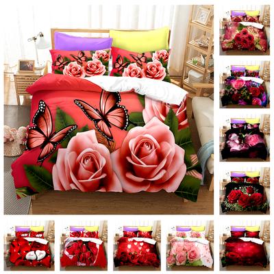 Juego de cama de flores 3D, funda de edredón y funda de almohada de amor romántico, 2/3 piezas AU180 * 210, decoración del hogar fácil de limpiar para habitaciones de niñas