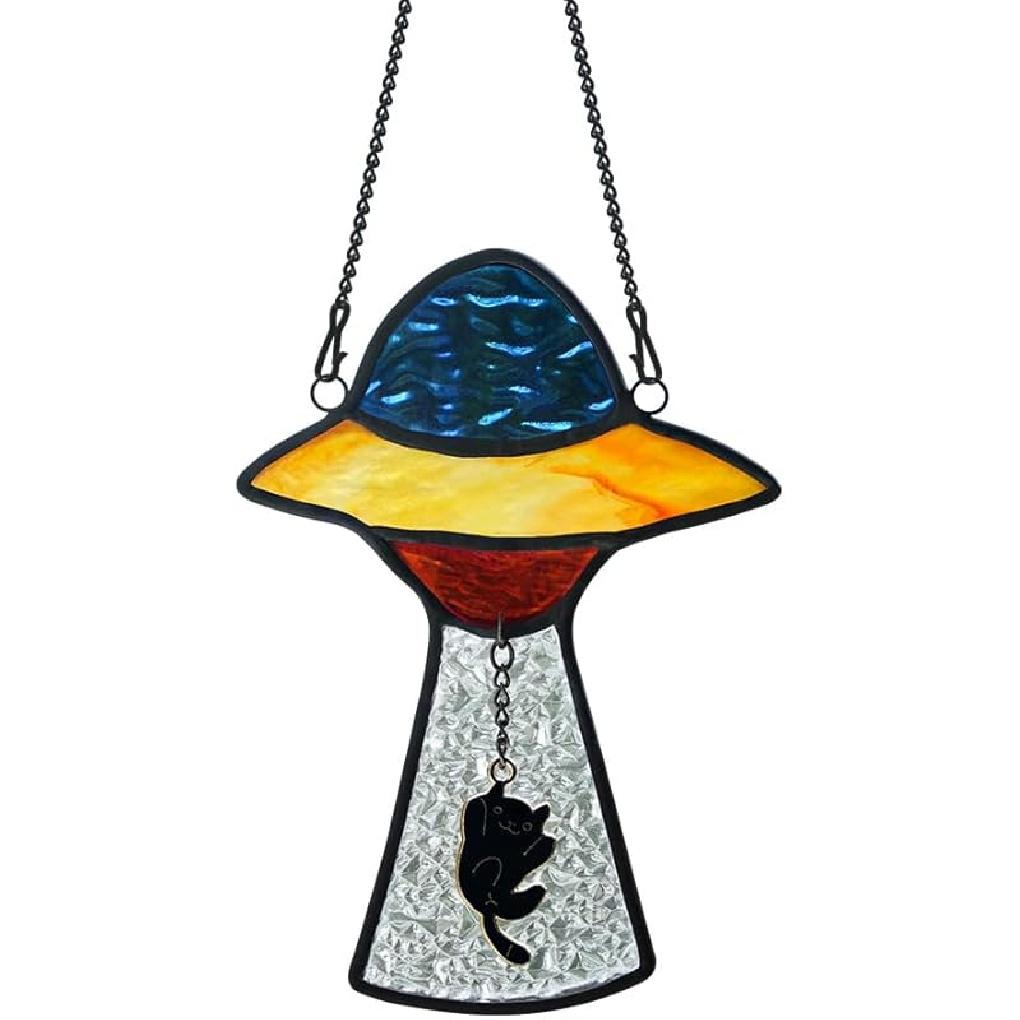 BOXCASA Alien UFO Decor - Stained Glass Window Hanging Suncatcher Showcasing a Cat Abduction Scene, Perfect Alien Lover Gift, Suitable for Alien