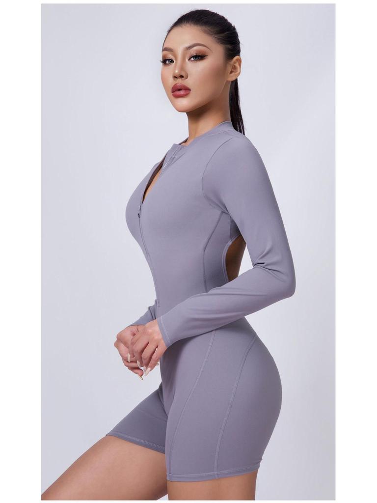 European & American Peach Lift One-Piece Yoga Bodysuit: Cross-Back, Hollow Design, Outerwear, Sports Shorts Style.
