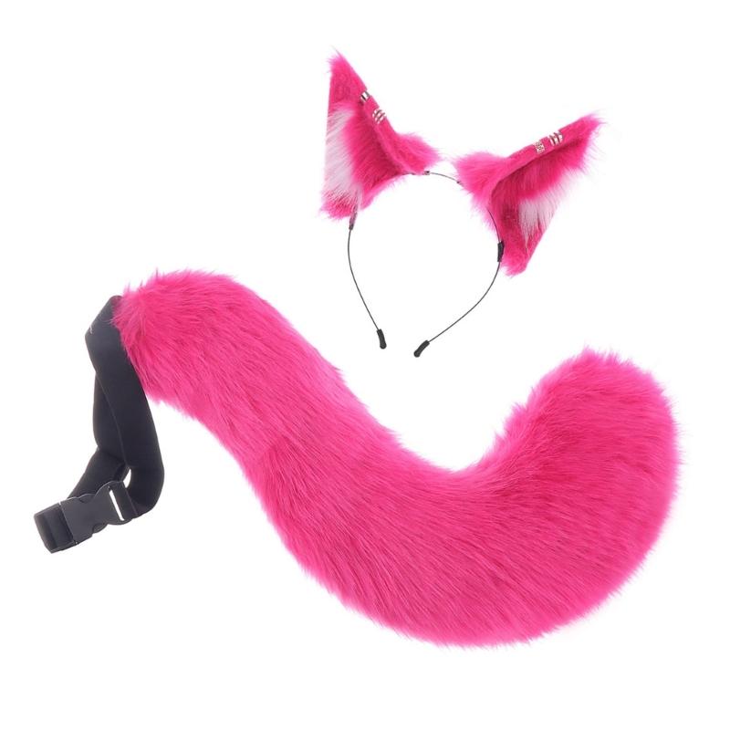 A52E Cats Wolf Foxes Ears Headband Furry Foxes Tail Plush Animal Ear Headband Tail