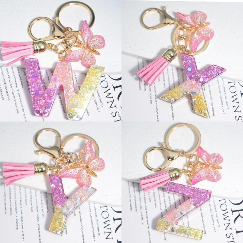 Fashion 26 English A-Z Initial Letter Resin Keychain Cute Butterfly Tassel Keyring Backpack Charm Pendent Accessories Gift