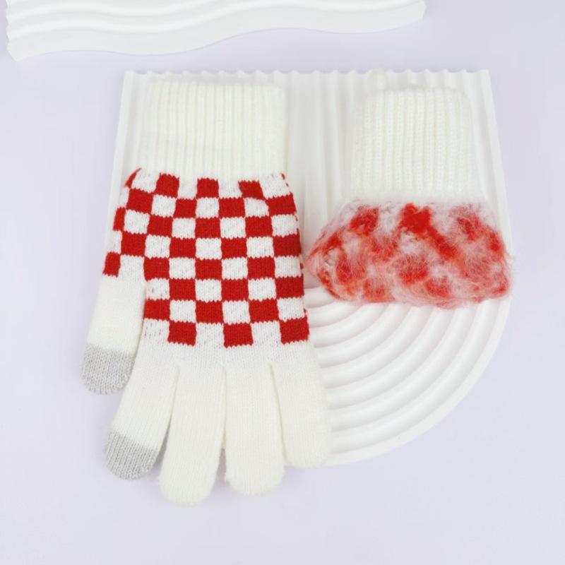 

Перчатки для женщин для велоспорта, теплые и устойчивые к холоду, милые вязаные клетчатые перчатки для осени и зимы белый