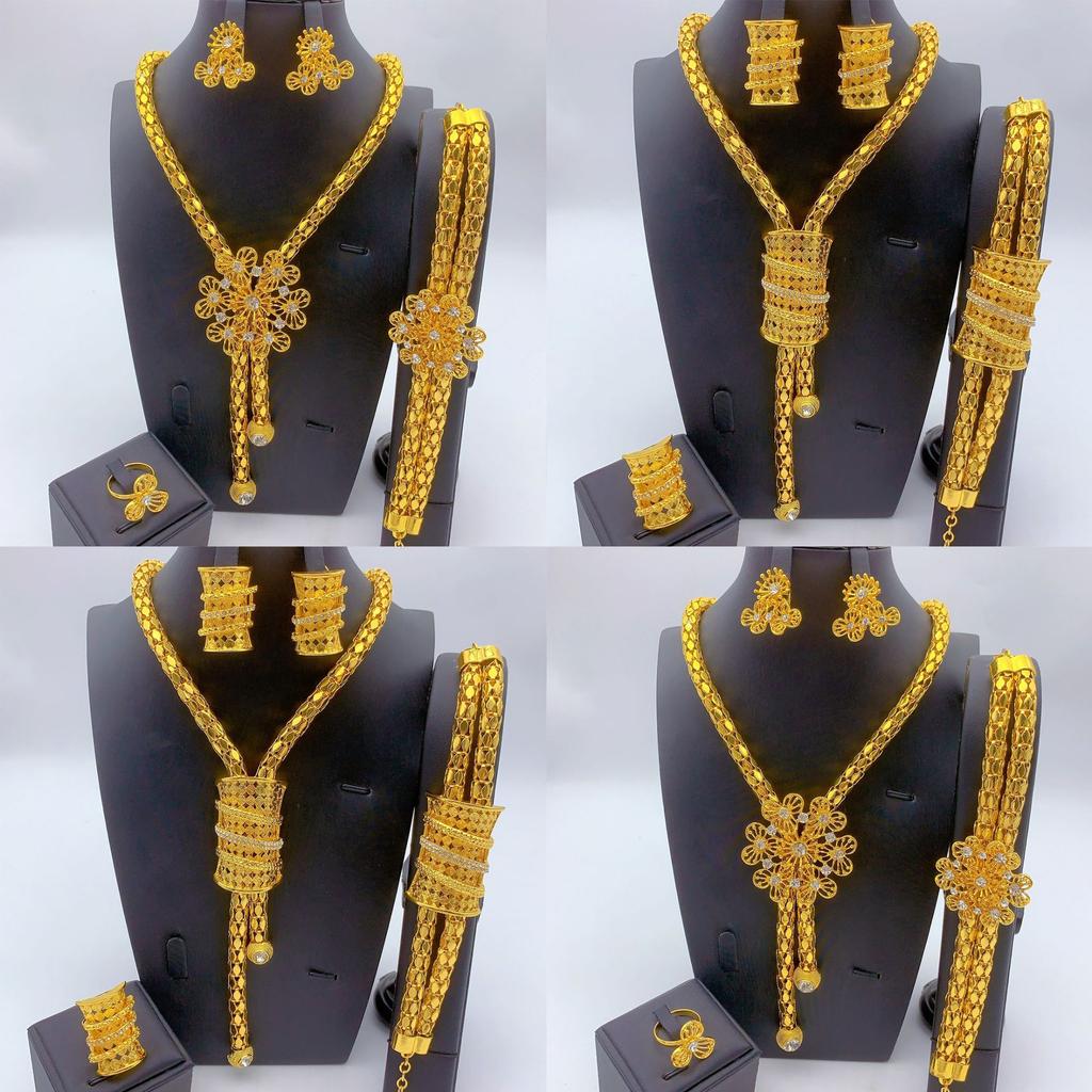 New 24K Gold Plated Fashion Necklace Set Women's Banquet Dress Accessories Necklace Earrings Bracelet Ring Jewelry