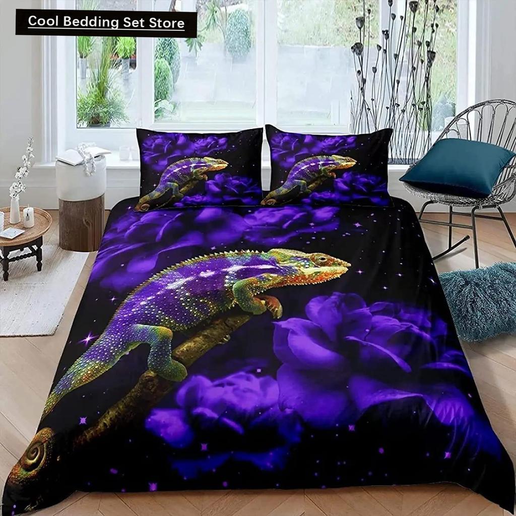 Kameleon Zestaw Poszwy na Kołdrę Motyw Dzikich Zwierząt 3D Zestaw Pościeli na Łóżko Pojedyncze Poszwa na Kołdrę Dzikiej Przyrody Chłopcy Zielony Liść Poliestrowa Poszwa na Kołdrę