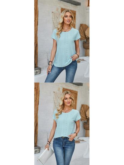 Spring & Summer Women's Loose Round Neck Eyelet Lace T-shirt