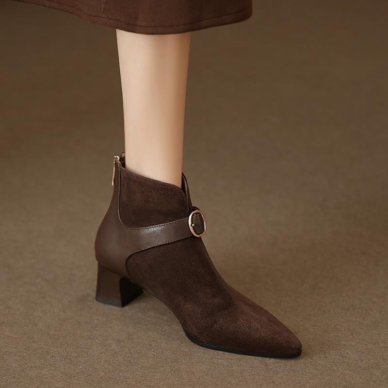 Fashion Square Heel Single Shoes Fall New Pointed Toe Suede Metal Buckle Back Zipper Anti-Slip Wear-Resistant Short-Thigh Boots