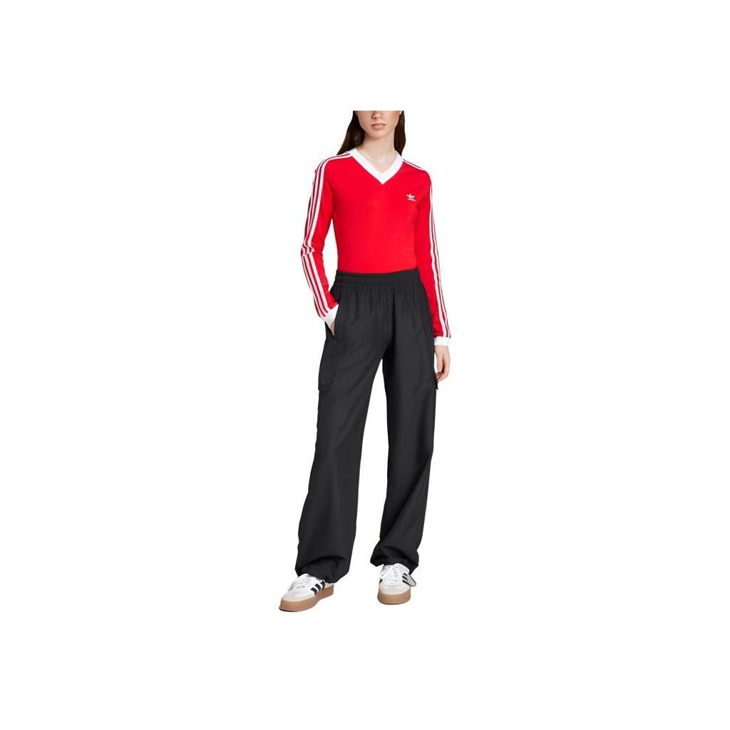 Adidas Originals Classic V-Neck Sports Ribbed Long Sleeve Shirt Women Tops Red IY7248