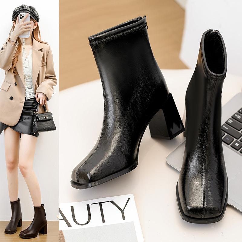 Autumn and winter French thick heel high heel fashion Martin boots women's head back zipper temperament women's boots
