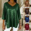 Damen Oberteile V-Ausschnitt 3/4 Ärmel Lockere Passform Pullover Oberteile Unifarben Lockere Passform Glänzendes Design Freizeit Oberteile Damenbekleidung