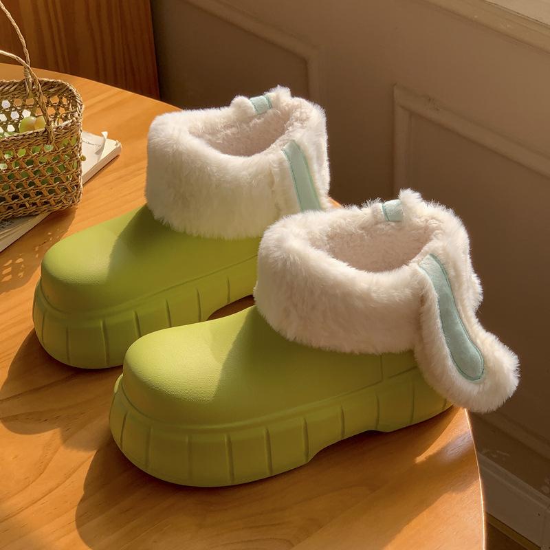 Winter new velvet thick-soled heightening rabbit ear cotton cover warm outer wear home solid color cotton towing shoes