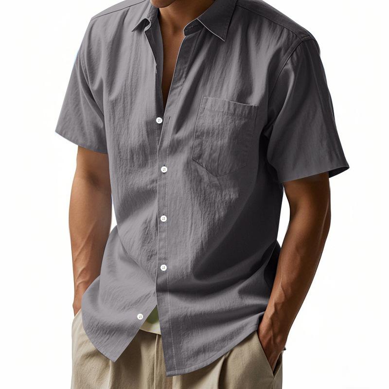 Summer New Style Solid Color Linen Shirt Short-sleeved Men's Lapel Loose Casual Pocket American Shirt