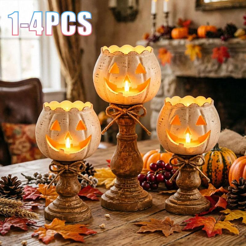 1-4pcs Rustic White Pumpkin Tealight Candle Holder Lantern Design for Fall Halloween Thanksgiving Home Centerpiece Decor