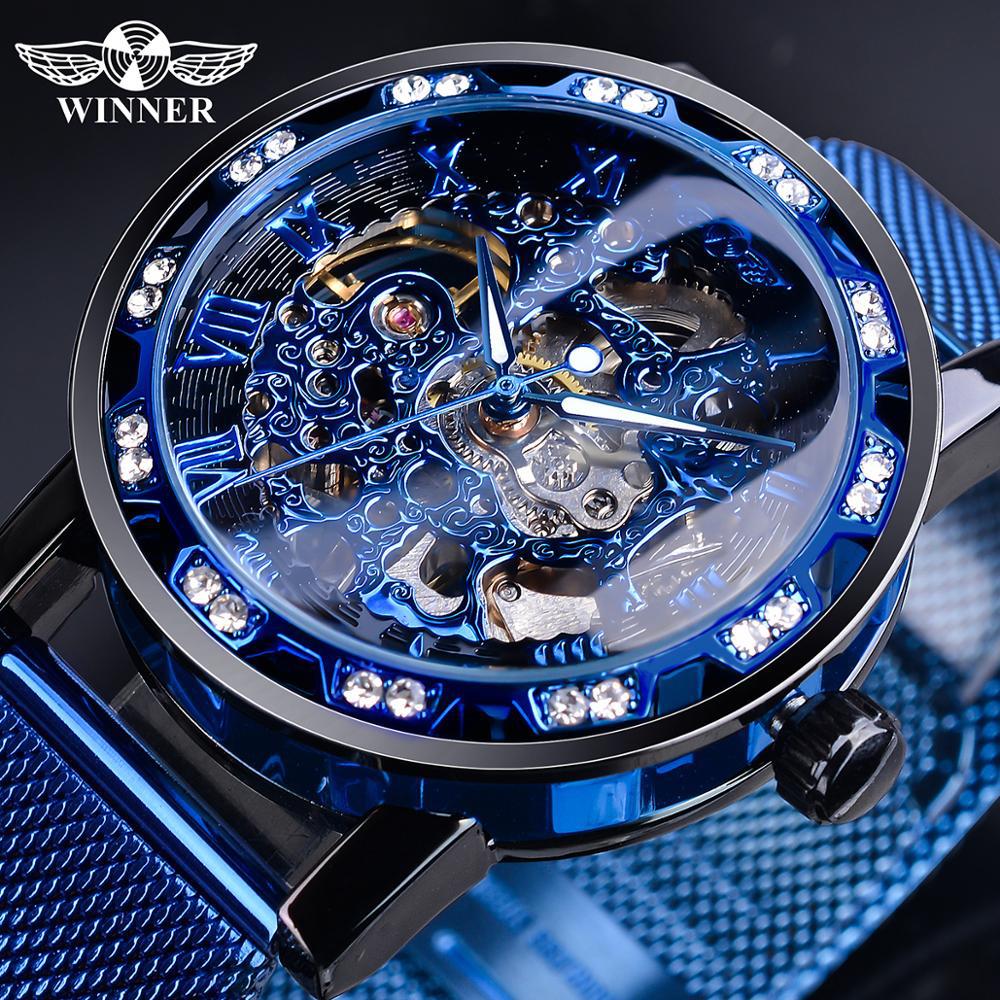 

WINNER Watch Мужская мода Повседневная Классика Популярные Стразы Ажурный Сетчатый Ремень Механические Часы