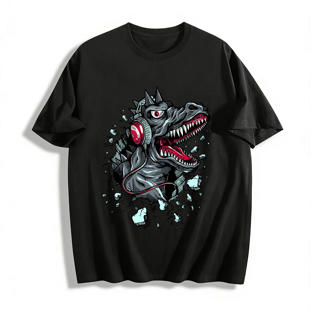 Cool Dark Style Headphone-Wearing Dinosaur Breakthrough Print Tee Pure cotton T-shirt XXS