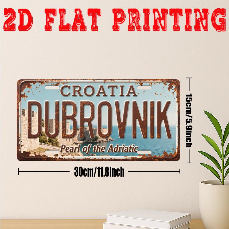 Mfoever Tin Sign HD Aluminum Metal Sign Dubrovnik Croatia Pearl of the Adriatic Vintage License Plate Style Wall Decor Retro Coastal City Fortr