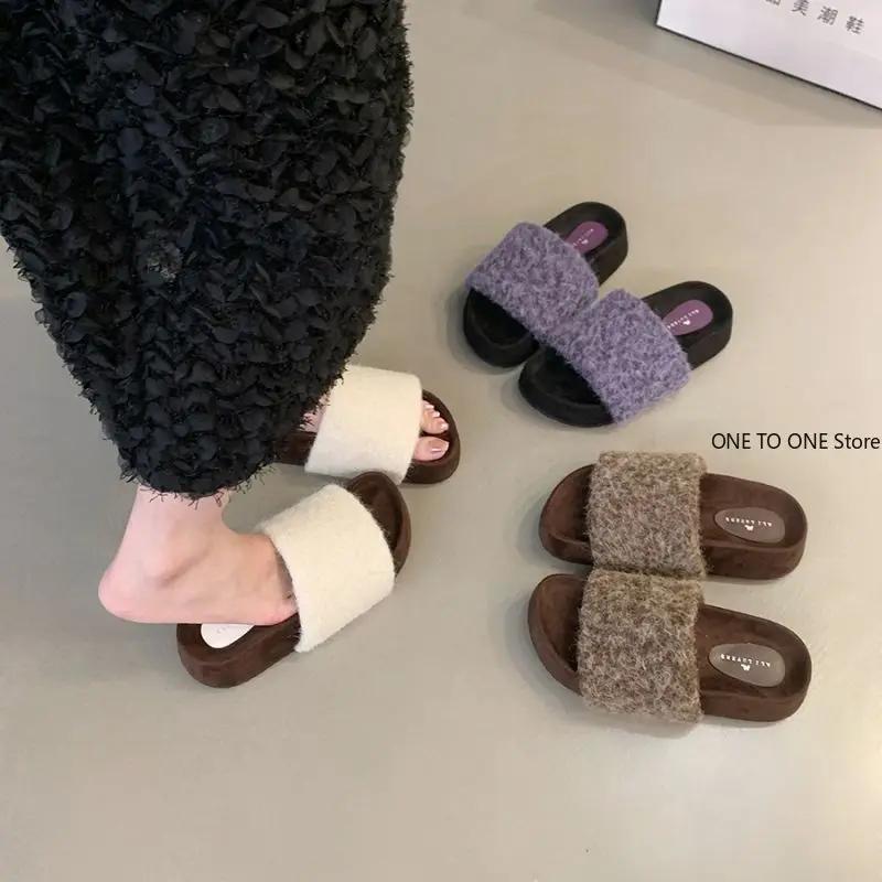Fashion Plush House Slippers for Women New Open Toe Soft Sole Fuzzy Home Shoes Woman Winter Cozy Warm Indoor Floor Slippers Womens Shoes