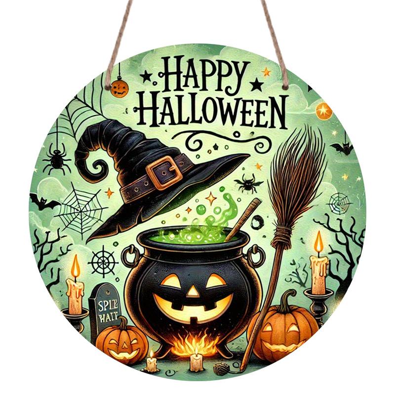 2D Flat, 1pc Happy Halloween Witch Metal Sign, Round Aluminum Decor with Spooky Cauldron, Bats and Jack-O'-Lantern- Vintage Art for Yard, Office