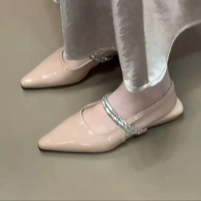 Fashion Baotou Sandals Summer New Pointed Toe Shallow Mouth Rhinestone Slip Belt Soft Sole Non-slip Low Heel Shoes