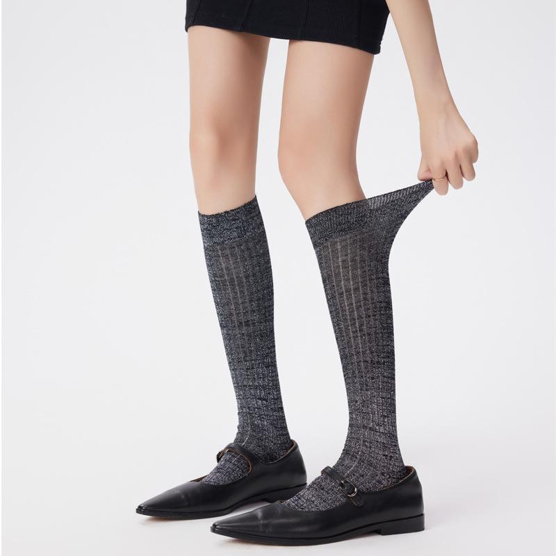 Calf Socks, Girls' School Style, Vertical Stripes, Spring and Autumn Thin Long Tube, Pile Mid-tube Socks, Versatile Leather Shoes