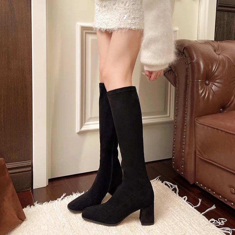 Fashion Women Boots Autumn Winter Elastic Slimming Knee-High Boots Fashion Square Toe Thick Heel Shoes for Women Side Zipper Casual Boot