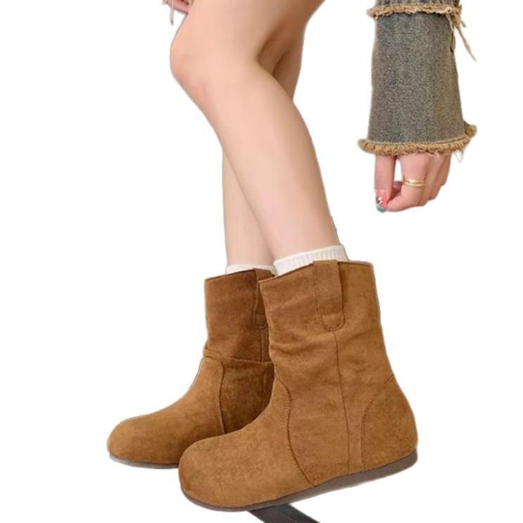Sheepskin Version~ British Style Wrinkle Feeling Square Head Inner Height Increase Wide Tube Mid-tube Boots Women's 2025 New Knight Boots