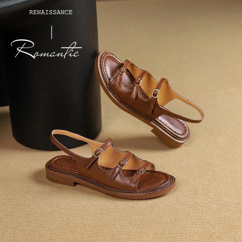 

Fashion 2024 New Summer Women Shoes Open Toe Sandals Genuine Leather Casual Gladiator Retro Sandals Low Heel Shoes Real Leather Shoes 42 коричневый