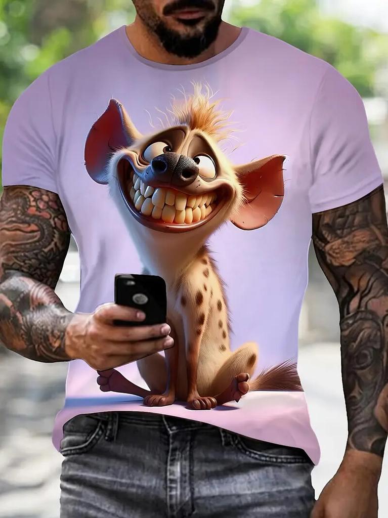 Fun Animal Pattern 3D Printed T-shirt for Men, Loose Fitting Harajuku Round Neck Clothing, Summer Fashion Casual Short Sleeved Tops