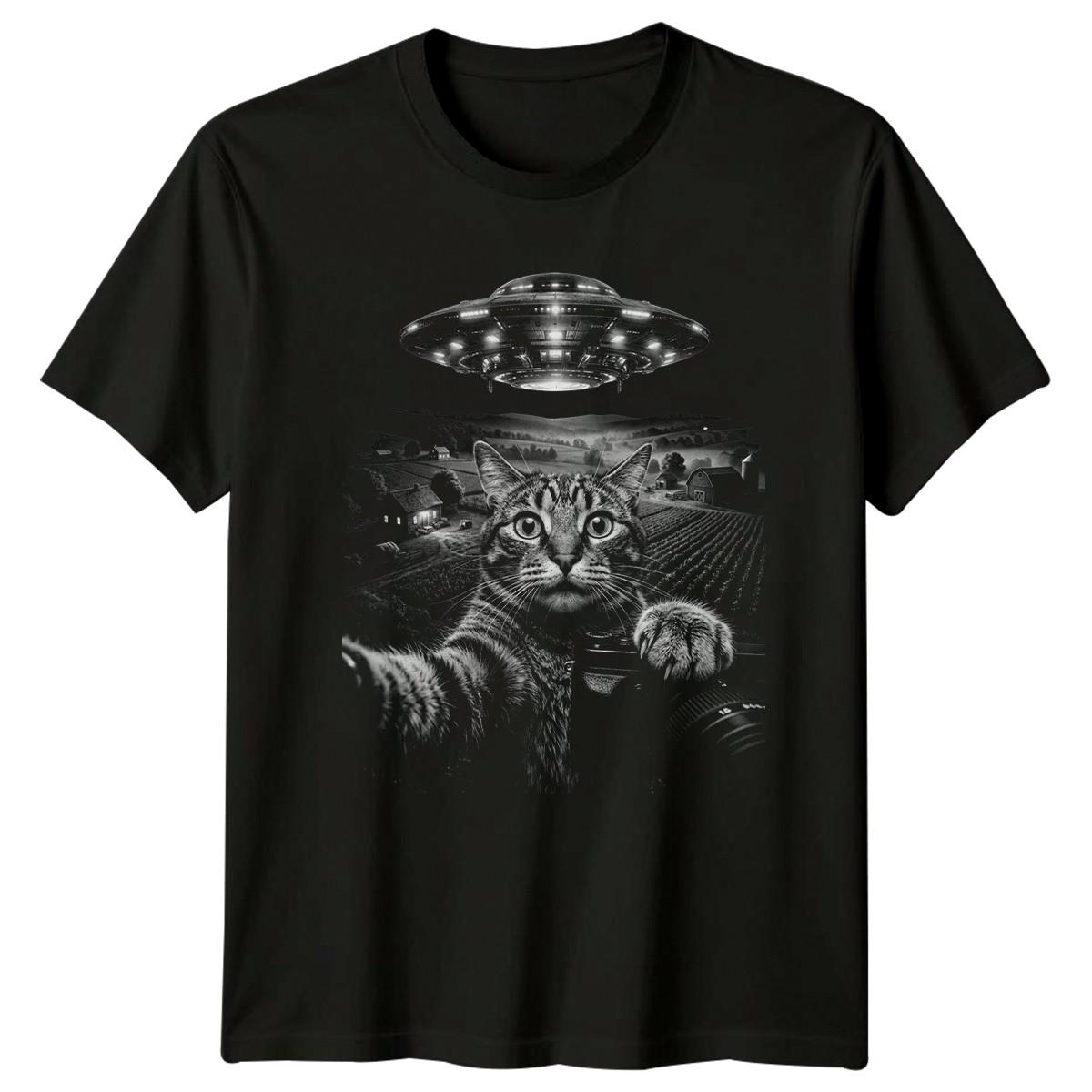 Cat Selfie UFO Alien Abduction T-Shirt Farm Cat Birthday Gift For Him And Her XXL