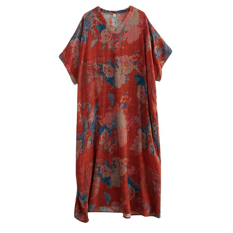 Summer Casual Artistic Plus Size Loose Print V-neck Short Sleeved Dress