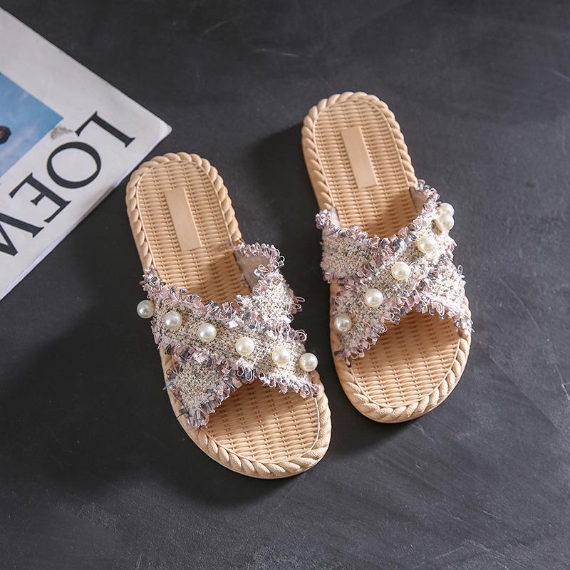 Summer Fashion Pearl Flat Bottom Straight Drag Beach Anti-skid Cool Slippers