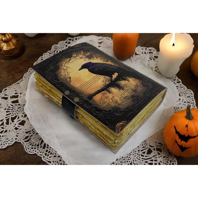 Leather Journal Gothic Notebook The Raven Grimoire Print - Vintage Handamde Journal Book of Shadows Witchcrafts Journal Gifts for Men,