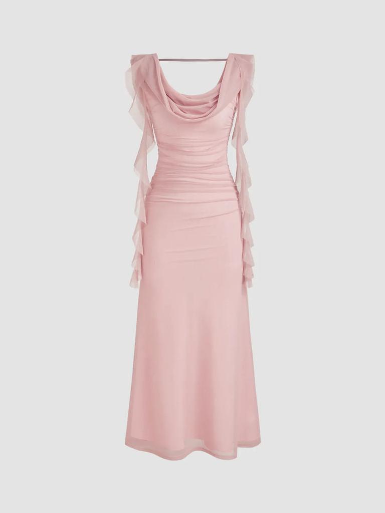 Women's Clothing Summer High-end Mesh Exquisite Dress, Swinging Collar Backless Streamer Design, Slim and Thin Temperament Long Dress