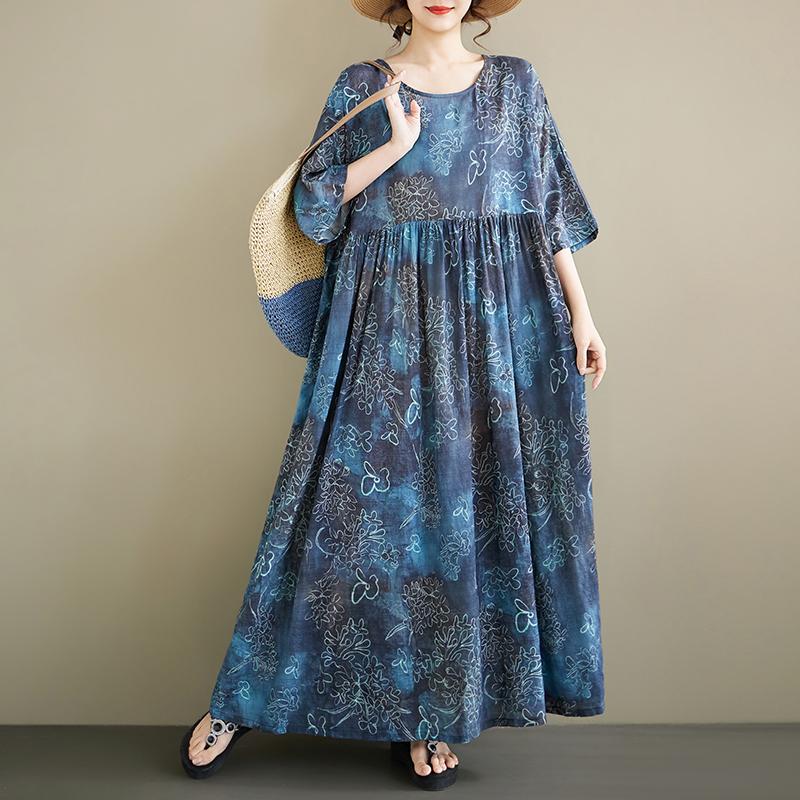 

DIMANAF 2026 Summer Beach Women Plus Size Vintage Lady Long Dress Loose Oversize Maxi Print Cotton New one size