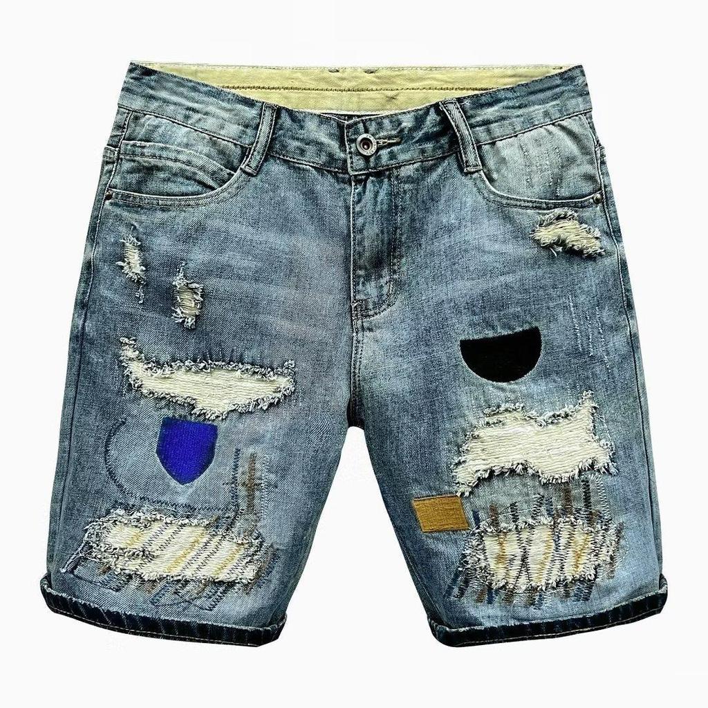 Tide Fashion Personality Colourful Stitching Embroidery Slim Denim Shorts Men's Summer Thin Section of The Hole In The Trousers