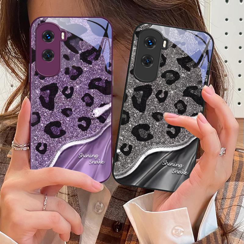 Leopard Sequin Snake For Honor 200 90 8X 9X Pro Lite P50 P40 Nova 10 11i P60 Magic4 6 Mate 20 50 Tempered Glass Phone Case