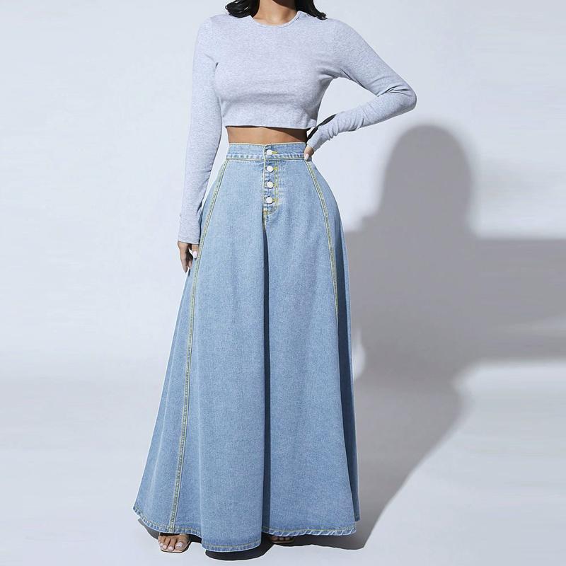 Denim Skirts Women Long Skirt A Line Single Breasted High Waist Jeans Vintage Maxi Simple Casual Elegant Splice Y2k Streetwear