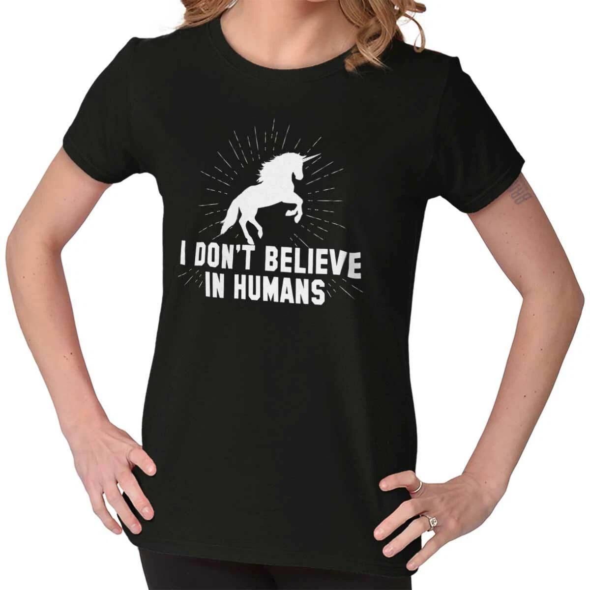 I Dont Believe In Humans Unicorn Lover Funny Womens Top Junior Graphic Tee L