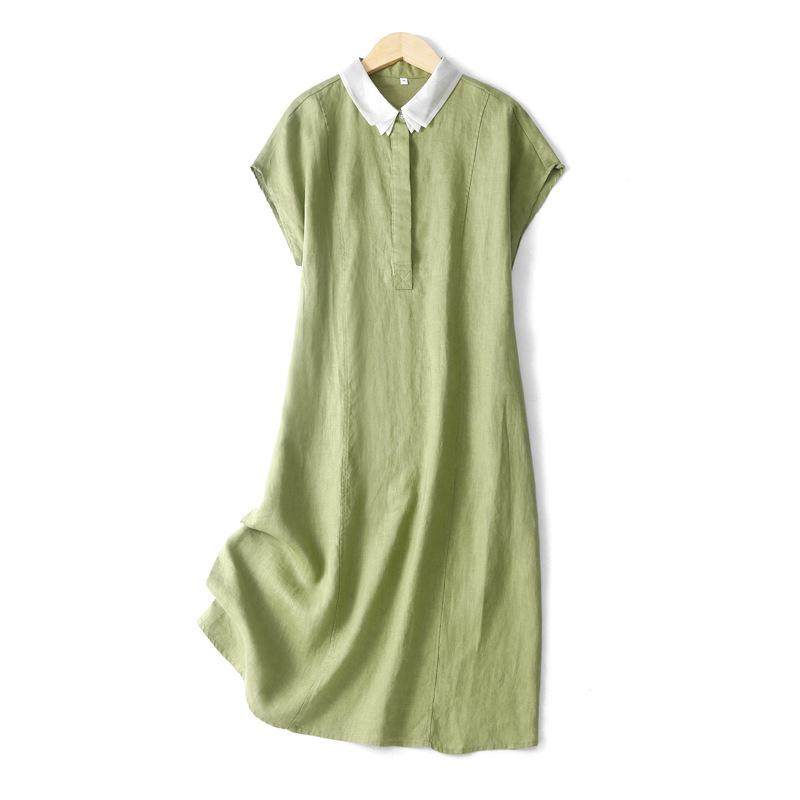 

2025 summer loose casual high-end export women s clothing lapel short-sleeved thin cotton and linen dress women 2XL зелений