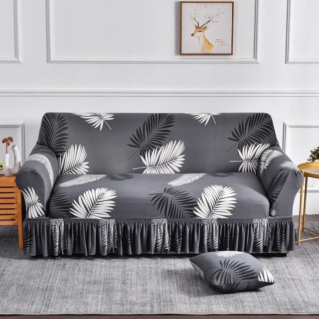 Printed Ruffled Skirt Sofa Cover Stretch Couch Slipcover Washable Furniture Protector Easy Fit Living Room Decor