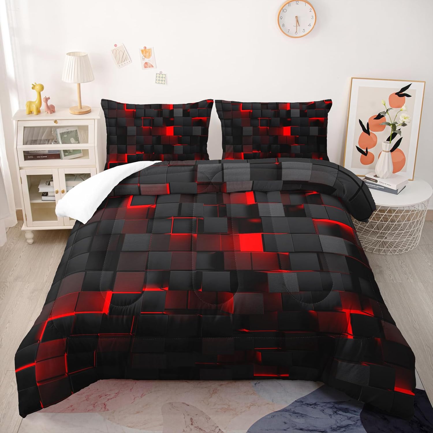 

Comforter Geometric Grid Queen Size Red And Black Checkered Bedding Modern Abstract Plaid Bed Sets For All Season Comforter (quilt)-EU Single(135*200cm)3pcs