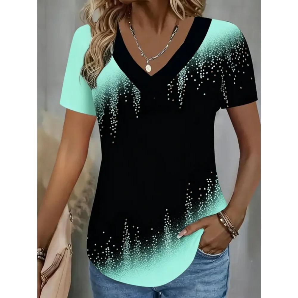 Creative Colorful Pattern Summer Soft Fashionable Comfortable Women's T-Shirts Casual Breathable Loose V-Neck Short-Sleeve T-Shirt