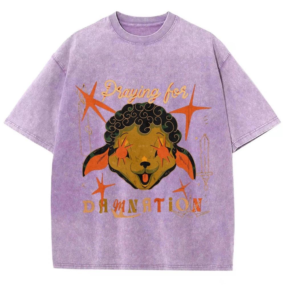Cool Devil Sheep T Shirts Unisex Washed Tees Men Women Oversized Short Sleeve T-shirt Cotton Streetwear Graphic T Shirt