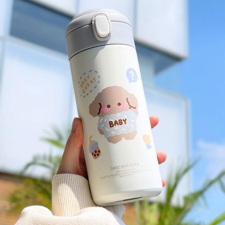 Ins Style Girly Heart Insulated Flask with Cute Bear Straw - Student Cartoon Pop-up Water Cup