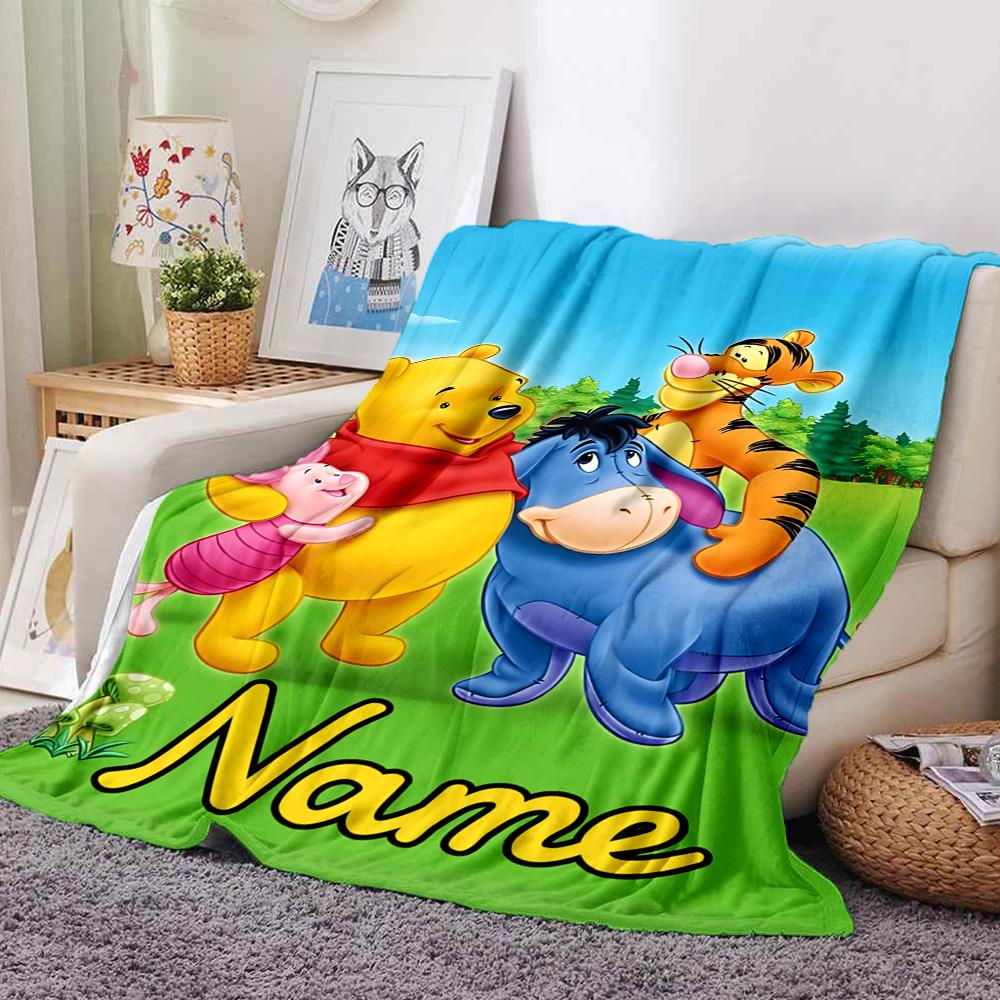 Custom Name Pooh Friends Adventure flannel Blanket for Super Soft Cute Comfort Blanket for Travel Bedding Couch Sofa Blanket