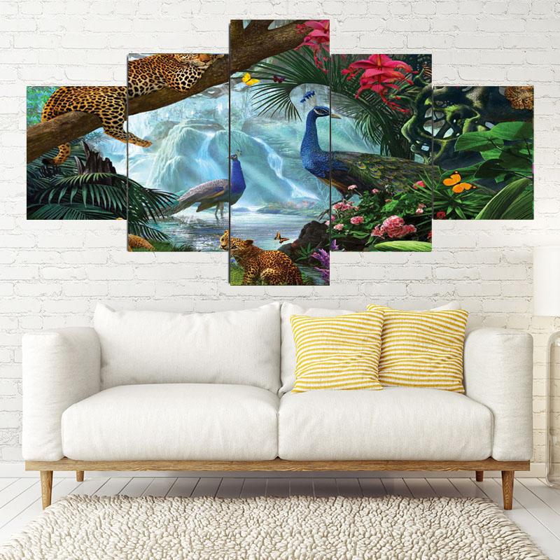 5Panels Tropical Jungle Plant and Animal Landscape Canvas Painting Posters and Prints Wall Art Home Decor for Kids Room No Frame